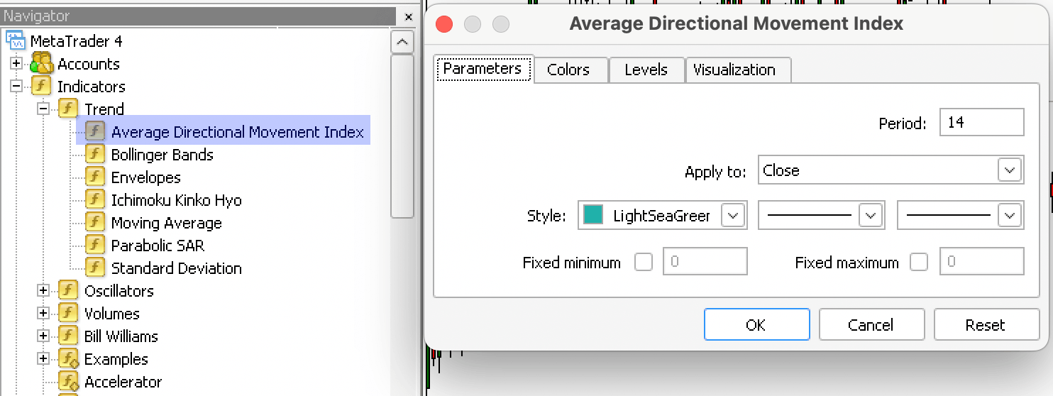 ADX Indicator settings dialogue box in MT4.