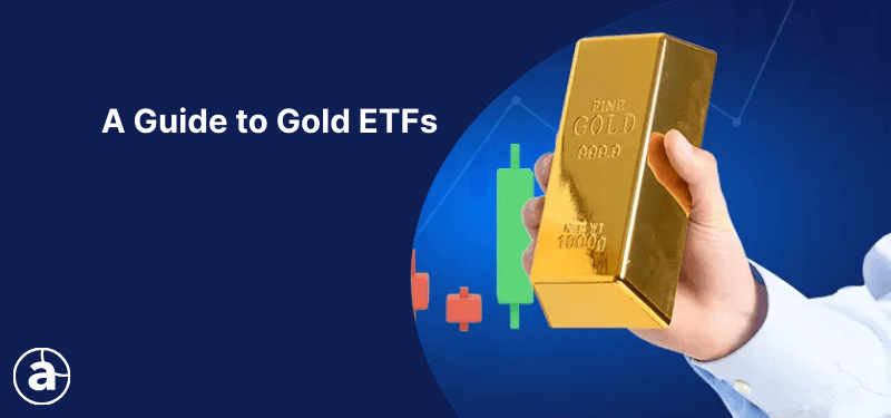 Guide to Gold ETFs illustration showing a hand holding a gold bar with a candlestick chart background.