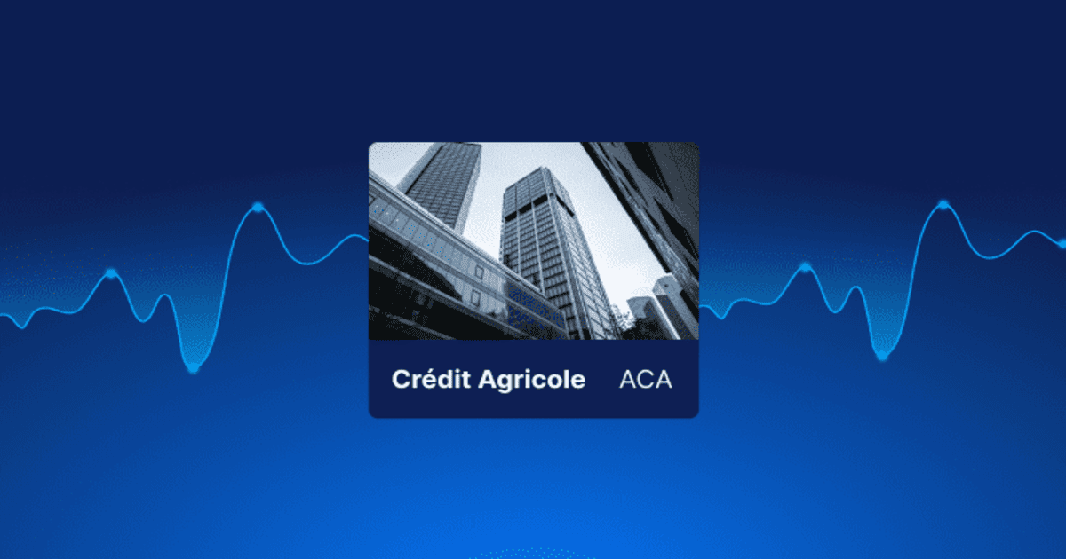 Illustration institutionnelle de l'action Crédit Agricole (Ticker : ACA) sur fond bleu avec graphique boursier abstrait et vue en contre-plongée de gratte-ciel financiers. Visuel de présentation pour l'analyse boursière du titre Crédit Agricole en 2026.