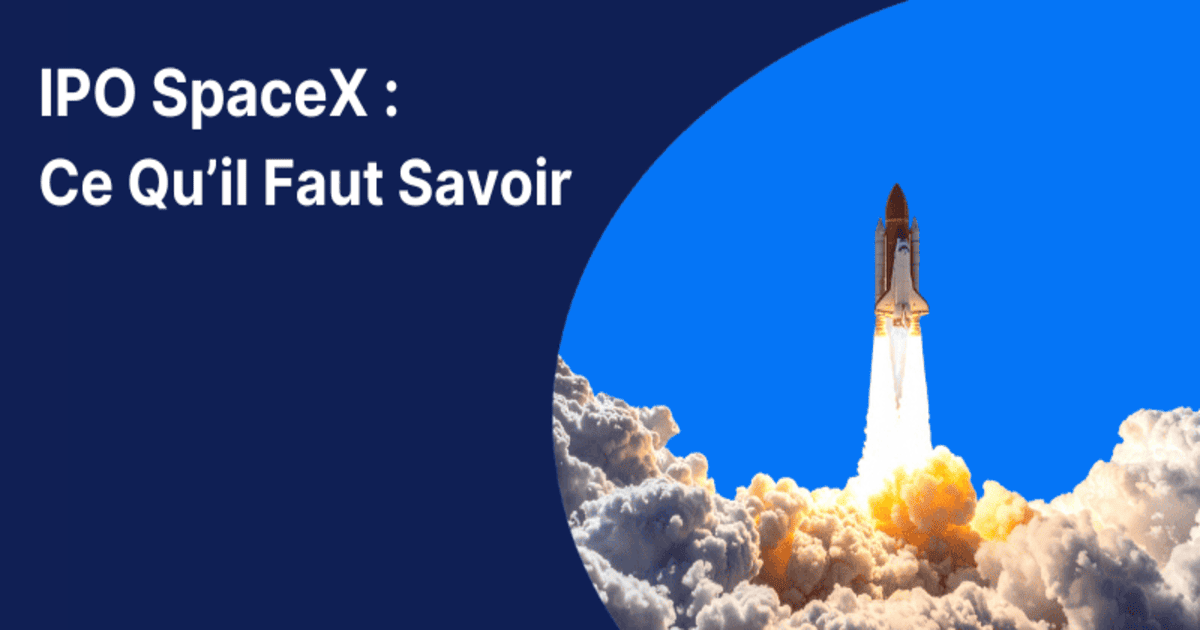 Bannière d'article sur l'IPO SpaceX avec le texte Ce Qu'il Faut Savoir et l'image d'une fusée au décollage sur fond bleu.
