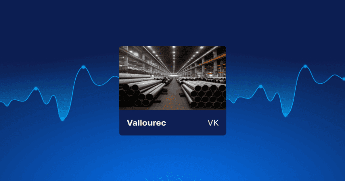 Tuyaux en acier avec le mot Vallourec et le code mnémonique VK et une courbe boursière en bleu au fond.