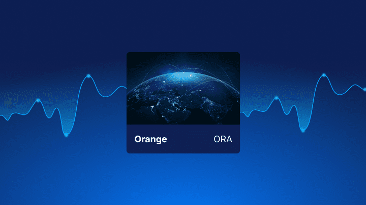 Globe terrestre avec des points lumineux de télécommunications avec le nom Orange et le code mnémonique ORA sur fond bleu avec une courbe boursière