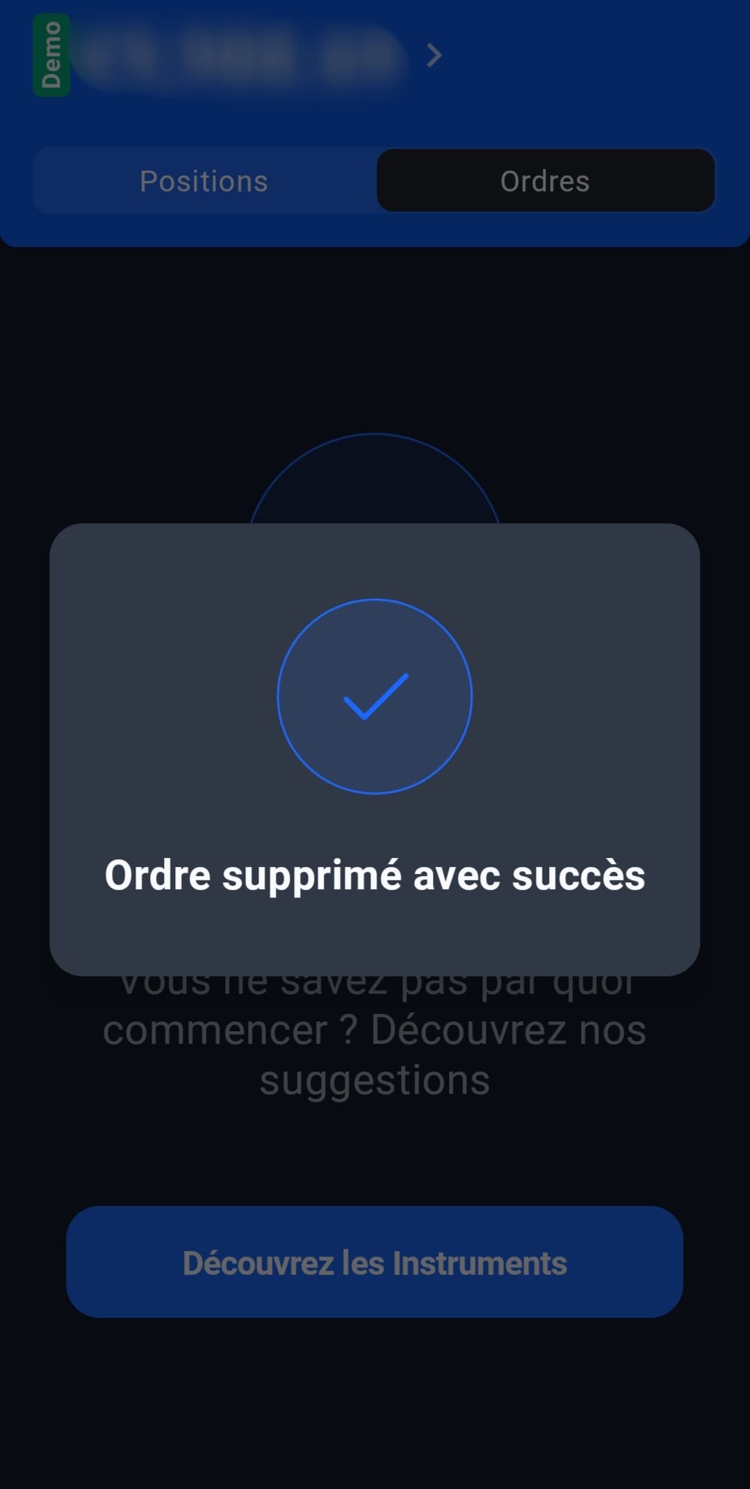 Screenshot de l'application mobile Admirals montrant comment annuler un ordre boursier