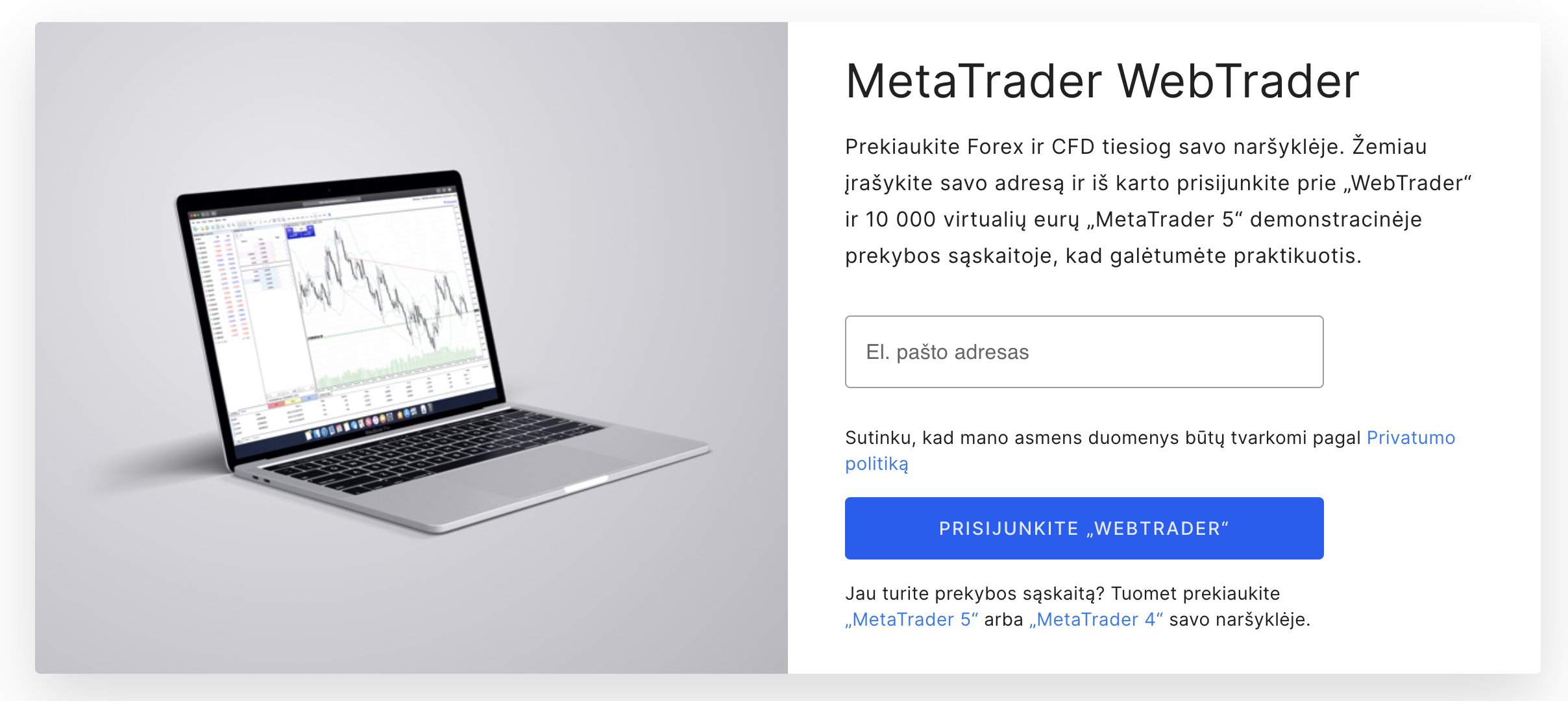 Tinklalapio puslapis, kuriame galima užsiregistruoti ir prisijungti „MetaTrader WebTrader“