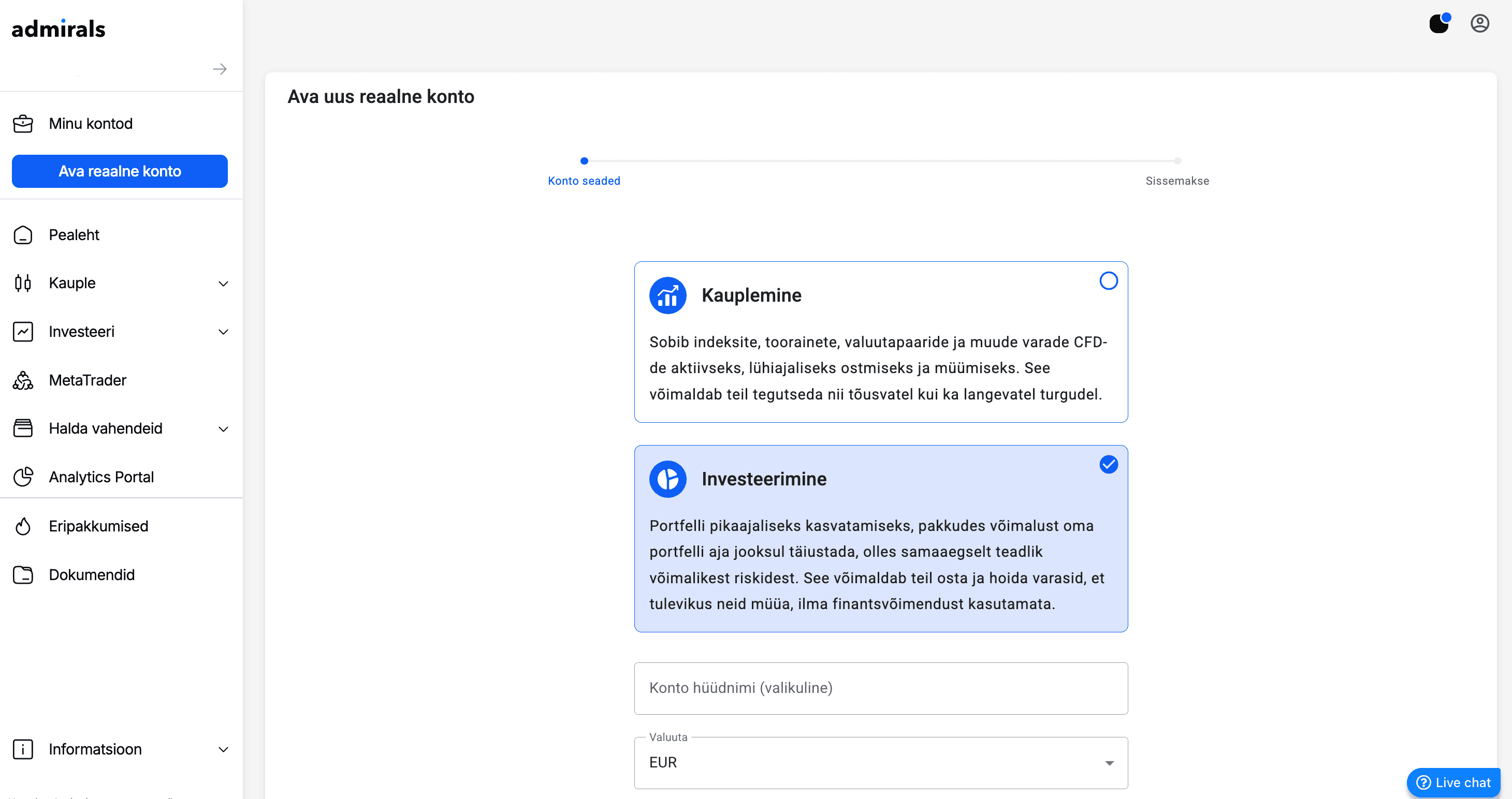 "Ava reaalne konto" valiku lehe kuvatommis