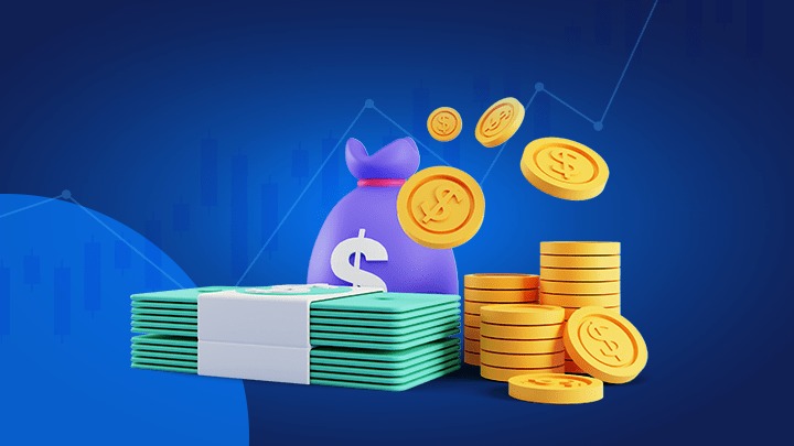 Illustration de bénéfices financiers avec des billets, pièces et un sac d'argent, représentant le concept de BPA (Bénéfice Par Action) en finance d'entreprise