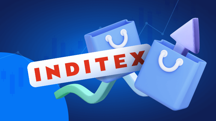 Shopping tassen met het Inditex logo en een pijl verwijzend naar de Inditex koers op een donkerblauwe achtergrond.