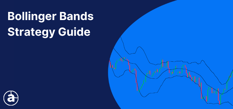 Candlestick chart with Bollinger Bands added, white text in the background reads "Bollinger Bands Strategy Guide".