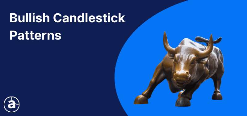 A statue of a bull on a blue background, white text reads: "Bullish Candlestick Patterns".