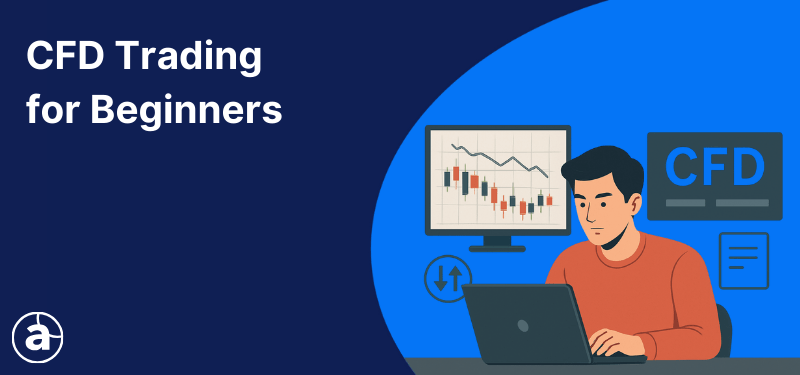 A man sitting at a laptop with trading charts in the background. White text reads "CFD Trading for Beginners".