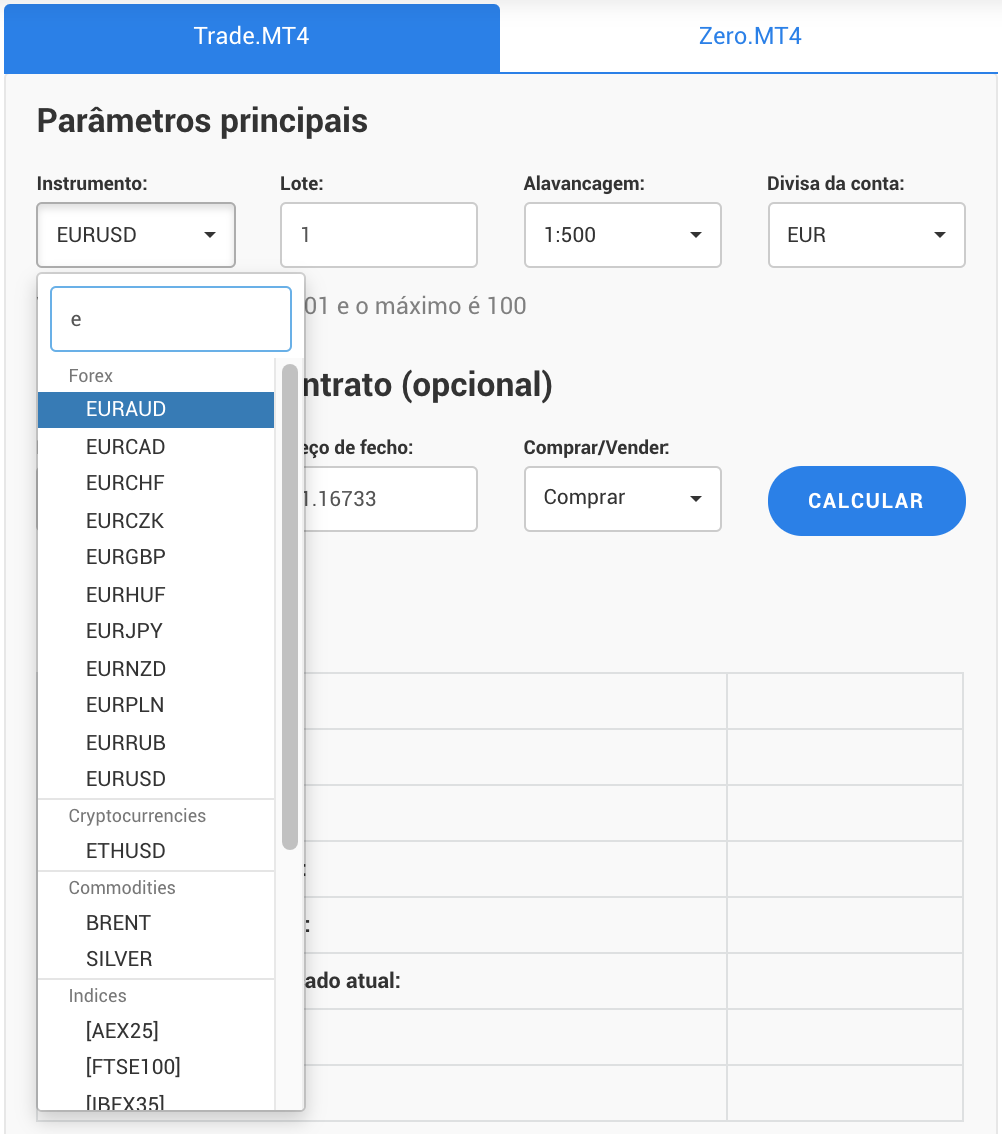 Calculadora de Trading da Admiral Markets - Taxas de Corretagem