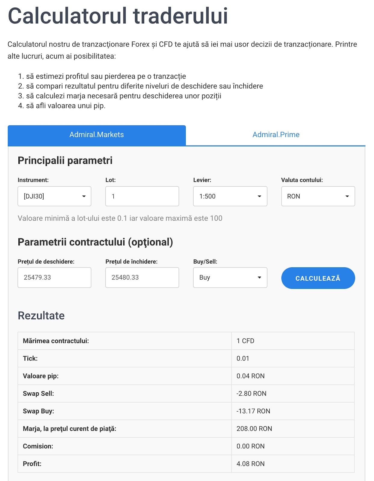 Calculatorul de tranzacționare pentru a face simulări pe CFD DJI30