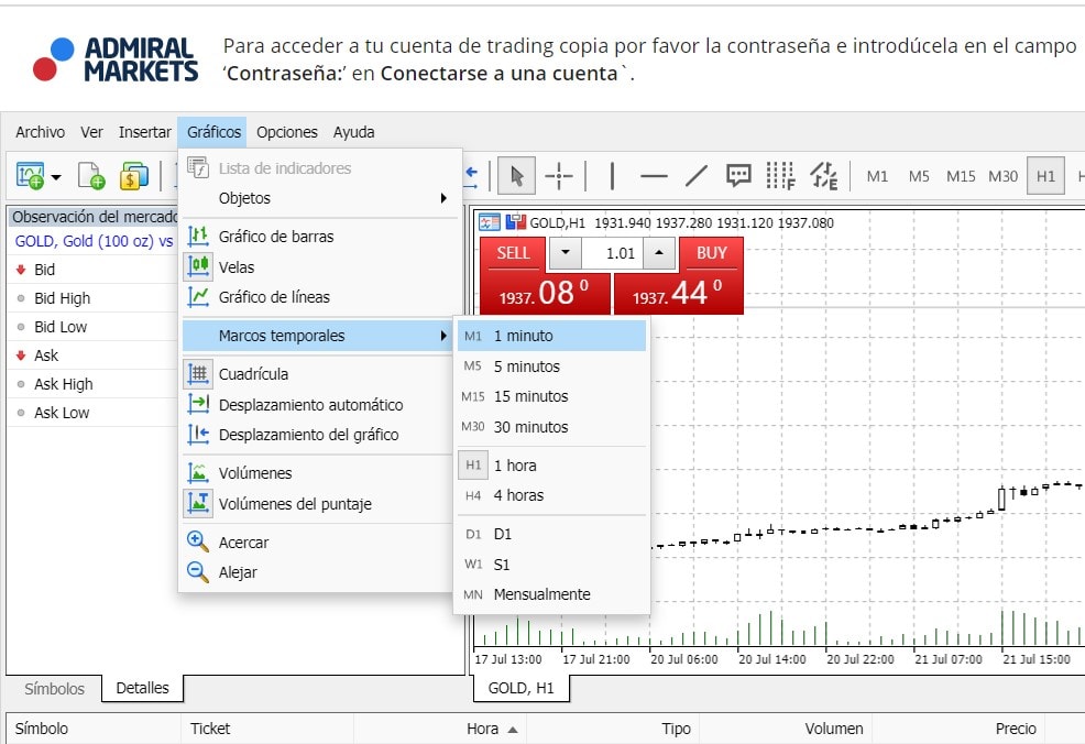 Captura de pantalla de los marcos temporales con WebTrader. julio 2020