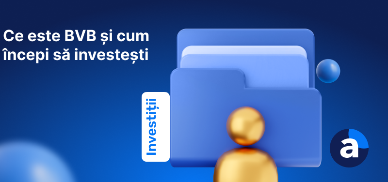 Imagine albastră cu dosar digital, eticheta Investiții și textul: Ce este BVB și cum începi să investești.
