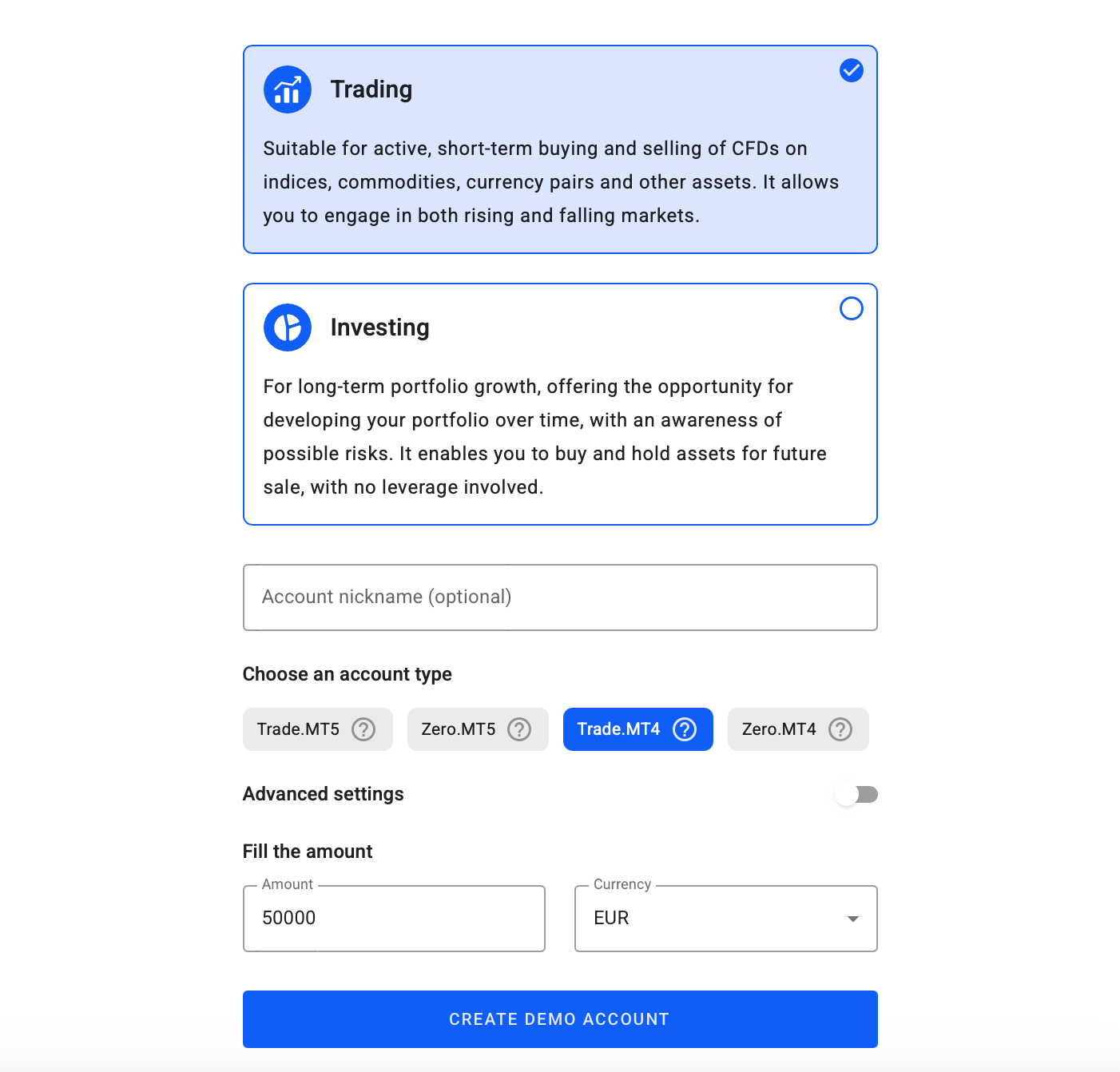 The various options presented to traders when opening a demo trading account with Admirals.