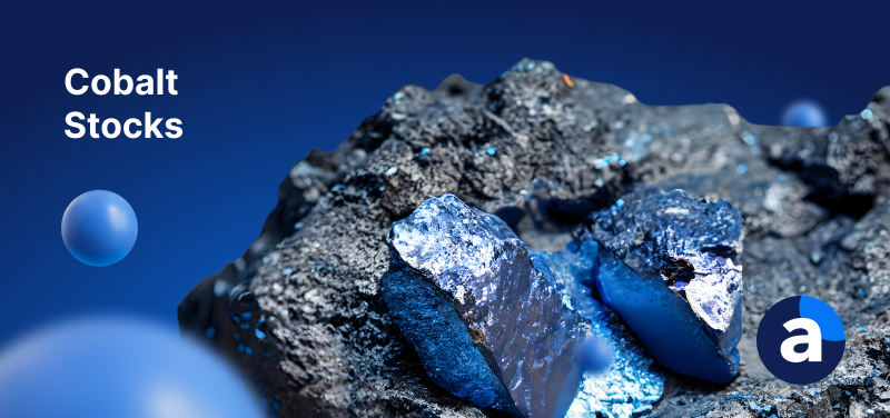 A picture of cobalt metal on a blue background with text reading "Cobalt Stocks"
