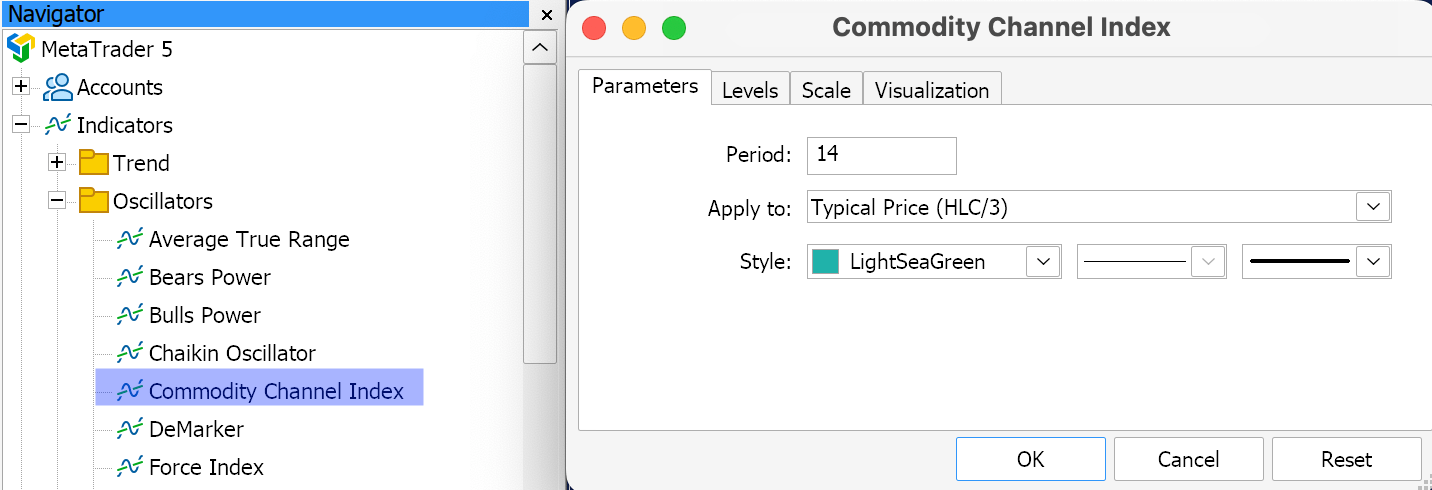 The Commodity Channel Index Settings in Metatrader 5.