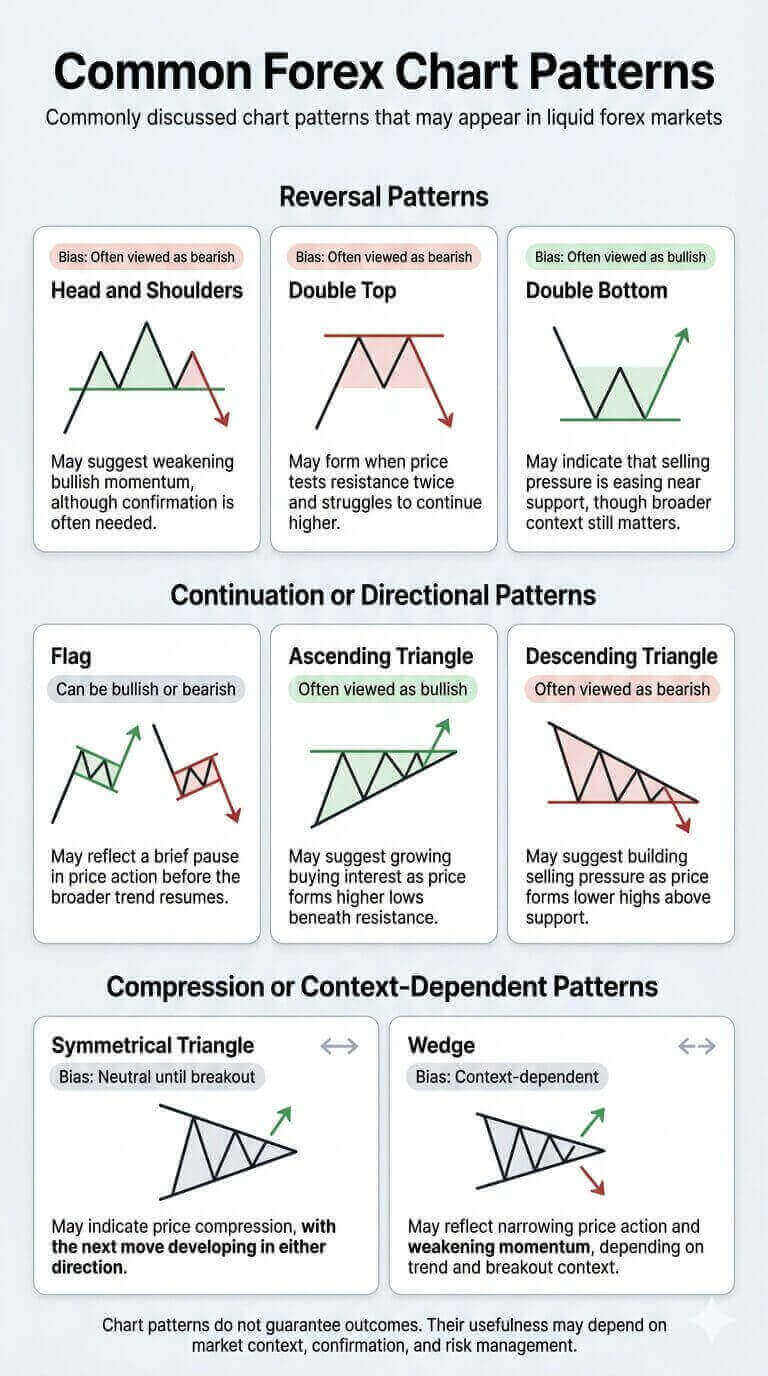 Common forex chart patterns infographic showing reversal, continuation, triangle, flag, wedge, and support-resistance setups.