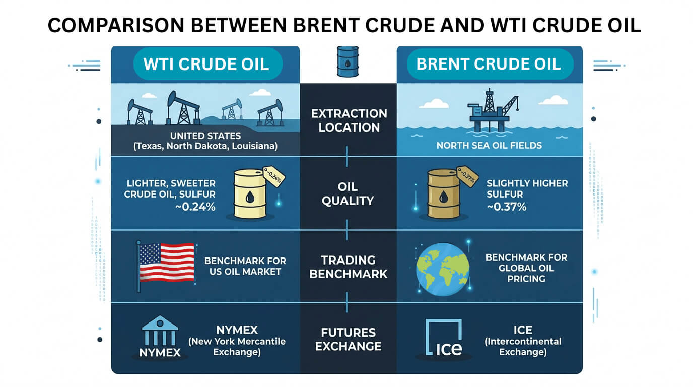 Infographic comparing WTI and Brent crude oil including extraction locations, oil quality, benchmarks, and futures exchanges.