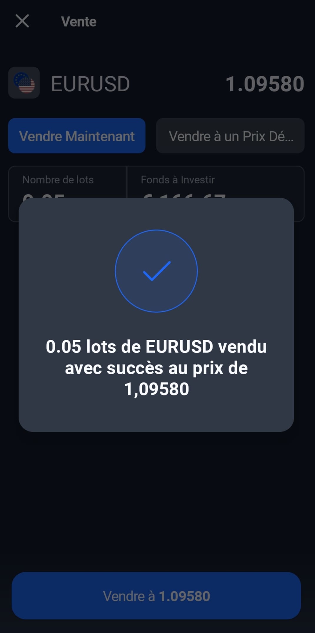 Screenshot sur l'application mobile Admirals montrant le passage d'un ordre sur smartphone
