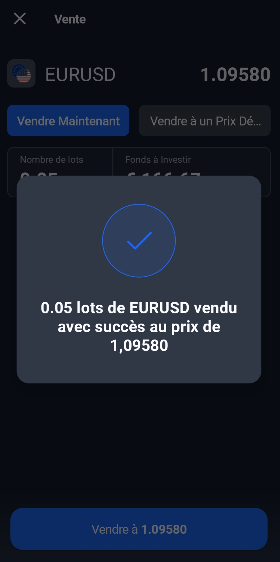 Confirmation d'un ordre dans l'application mobile Admirals