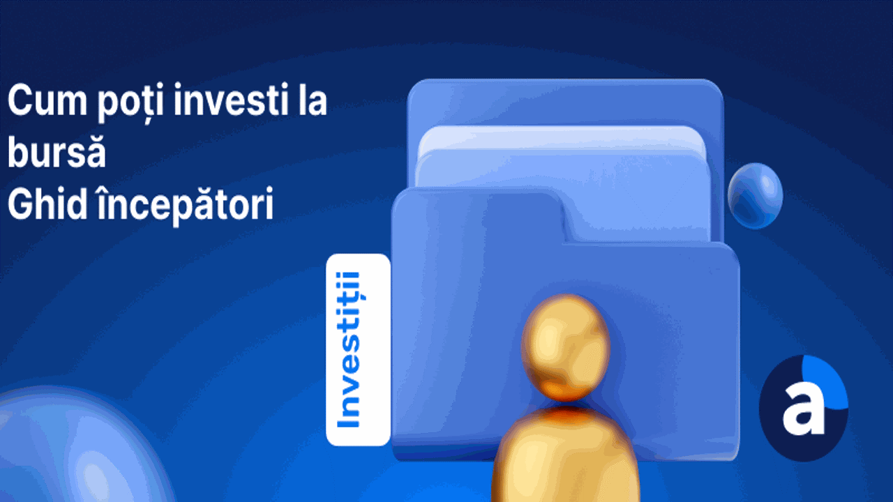 Banner albastru cu textul "Cum poti investi la bursă Ghid începători"
