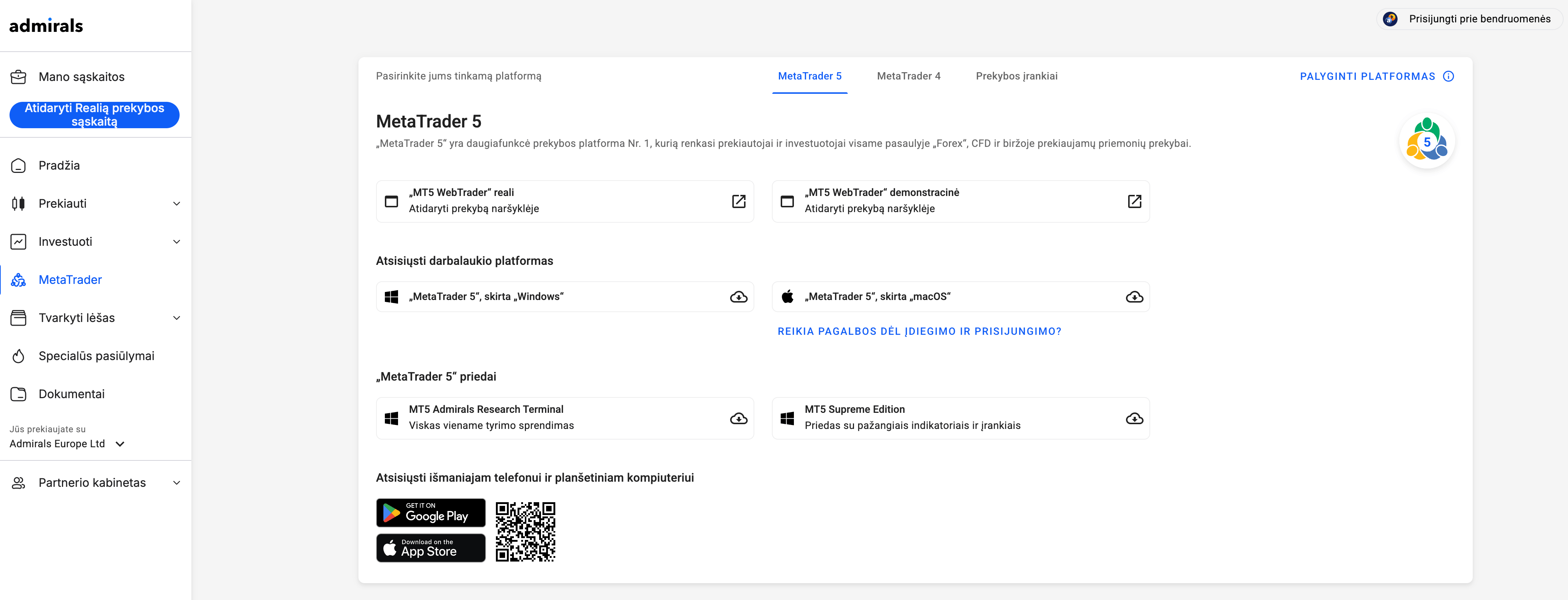 Dashboard MetaTrader platformų puslapis.