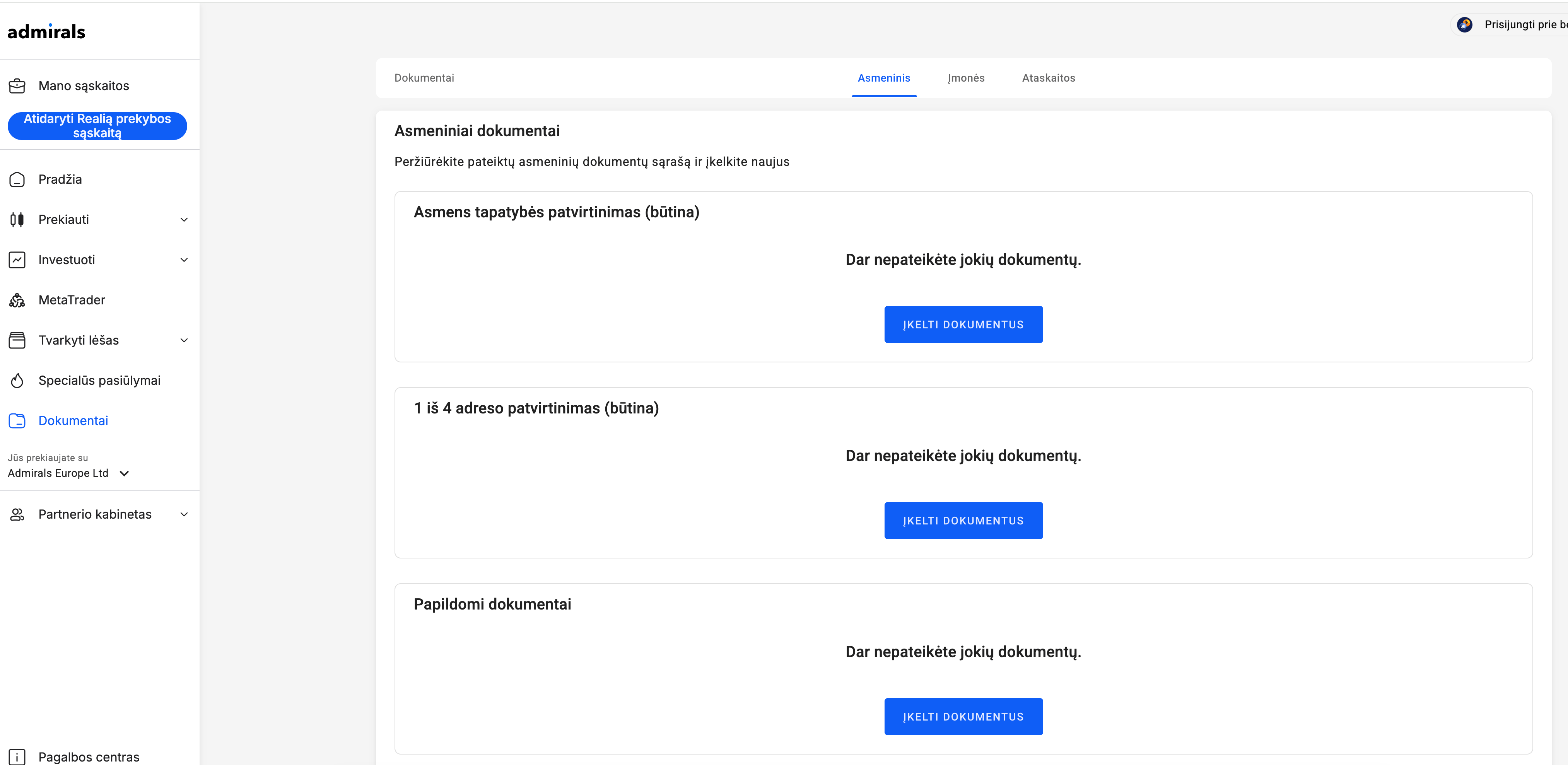 Dashboard dokumentų ekranas.