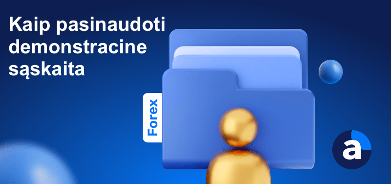 Mėlyname fone stilizuoti failai ir užrašas „Kaip pasinaudoti demonstracine sąskaita“