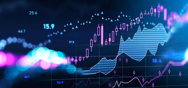 candlesticks and line graphs with overlapping patterns of forex indicators