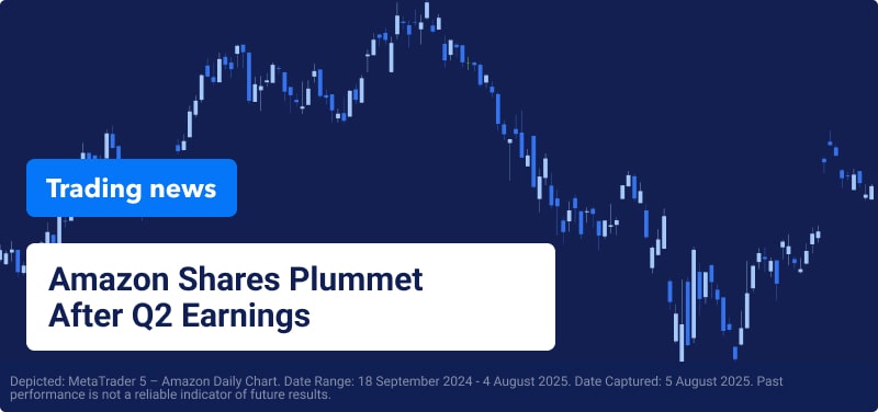 Blue trading chart with overlaid text reading "Amazon shares plummet after Q2 earnings".
