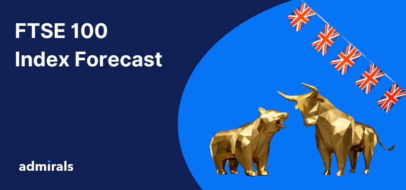 A bull and a bear looking at each other under Union Jack flags, white text reads "FTSE 100 Index Forecast".