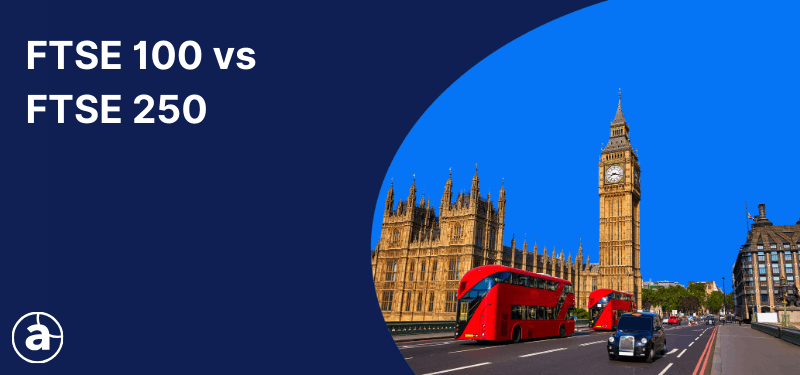 London skyline on a blue background with white text which reads "FTSE 100 vs FTSE 250".