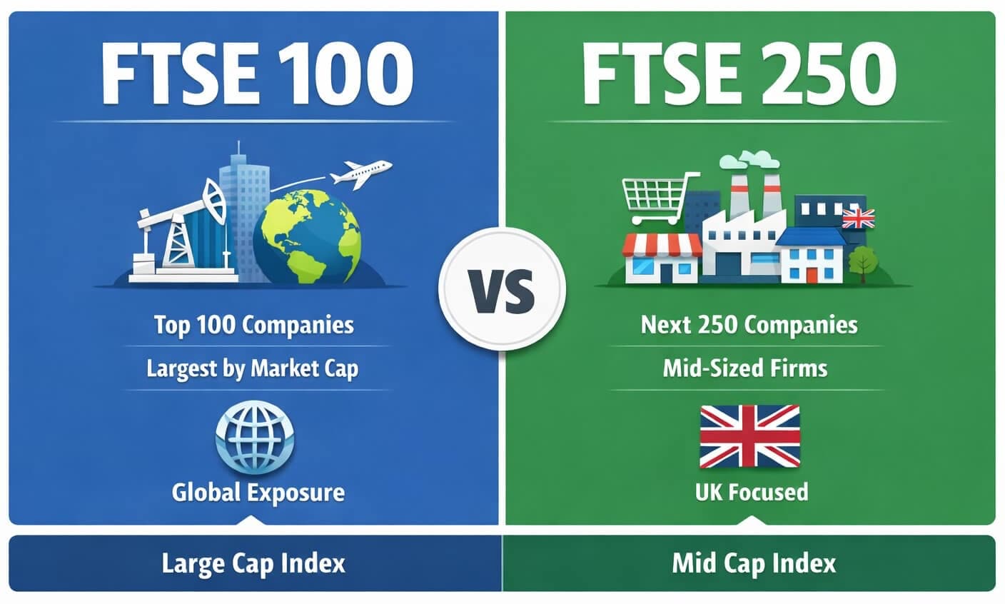 Infographic highlighting the differences between the composition of the FTSE 100 and FTSE 250.