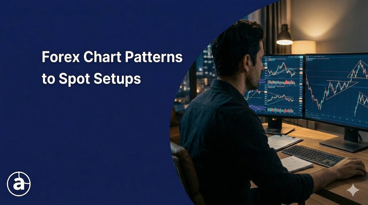 Forex chart patterns banner showing a trader analyzing candlestick charts and technical setups on trading monitors.