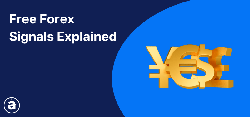 Currency symbols on a blue background, white text reads "Free Forex Signals Explained".