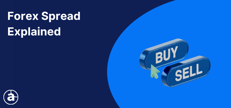 Signs reading 'Buy' and 'Sell' on a blue background, white text reads "Forex Spread Explained".