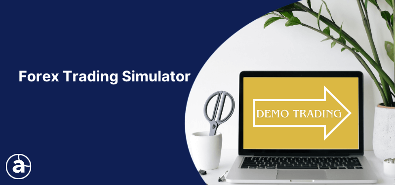 On the left side, against a dark blue background, the text reads "Forex Trading Simulator". On the right side, there is a photo of a laptop, and the screen displays a yellow background with a large white arrow pointing to the right, written "Demo trading" inside it.