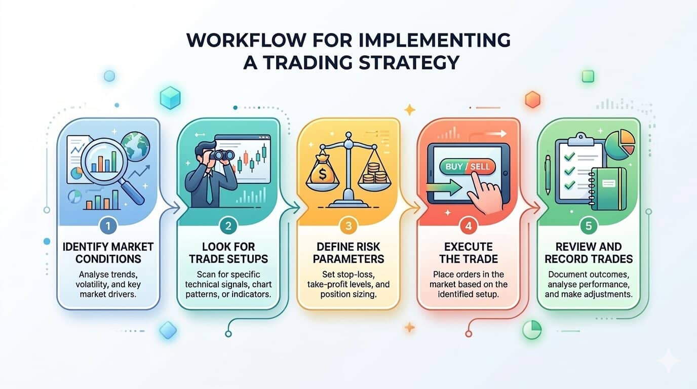 Infographic highlighting the 5 steps of the Forex strategy workflow highlighted above.