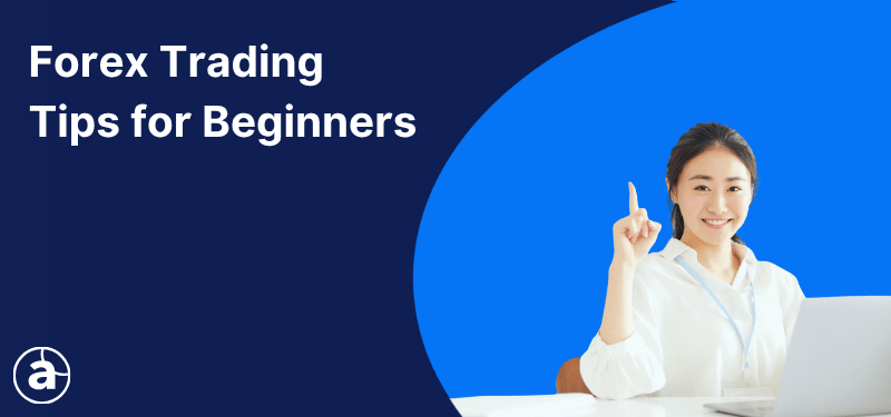 A woman sitting at a laptop, white text reads "Forex Trading Tips for Beginners".