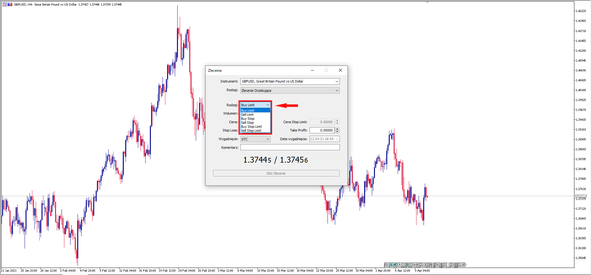 GBPUSD, wykres H4 - sell stop sell limit