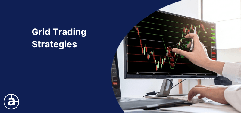 Grid Trading Strategies banner showing an example chart with horizontal grid levels on a trading monitor.