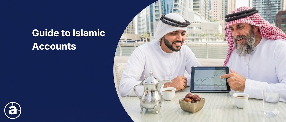 Guide to Islamic Accounts banner showing two men reviewing a trading chart on a tablet in an outdoor setting.