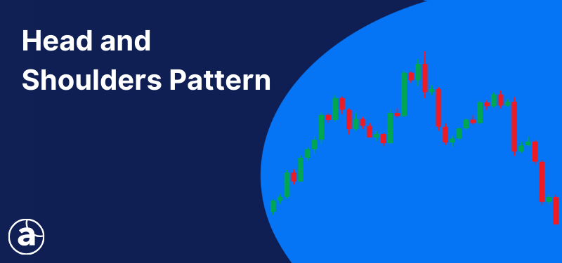 A candlestick trading chart on a blue background; white text in the background reads: "Head and Shoulders Pattern".