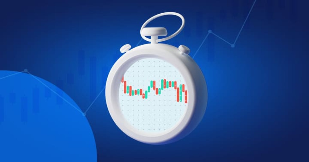 Chronomètre blanc affichant un graphique boursier en chandeliers japonais sur fond bleu, illustrant les horaires d'ouverture de la bourse.