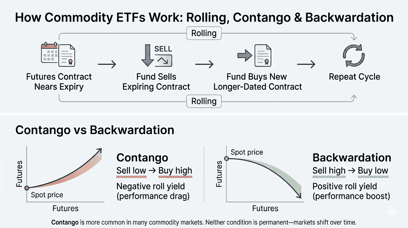 Infographic explaining how commodity ETFs work through futures contract rolling, with examples of contango, backwardation, and roll yield.