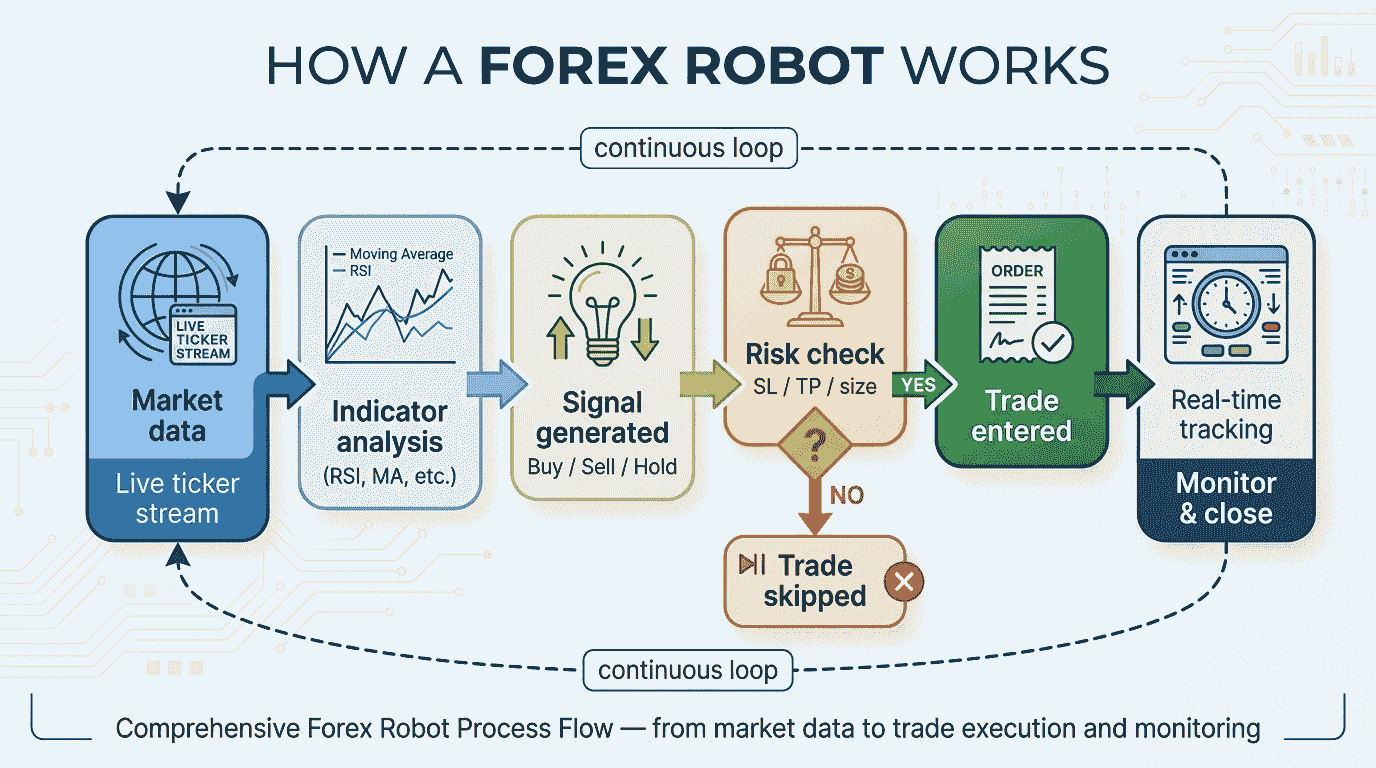 Infographic showing how a forex robot works, from market data and indicator analysis to risk checks, trade entry, and real-time monitoring.