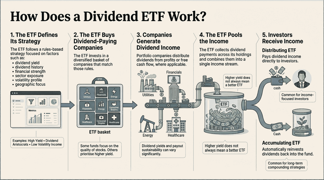 Infographic explaining how a dividend ETF works, from strategy selection and dividend-paying companies to income pooling and investor distributions.