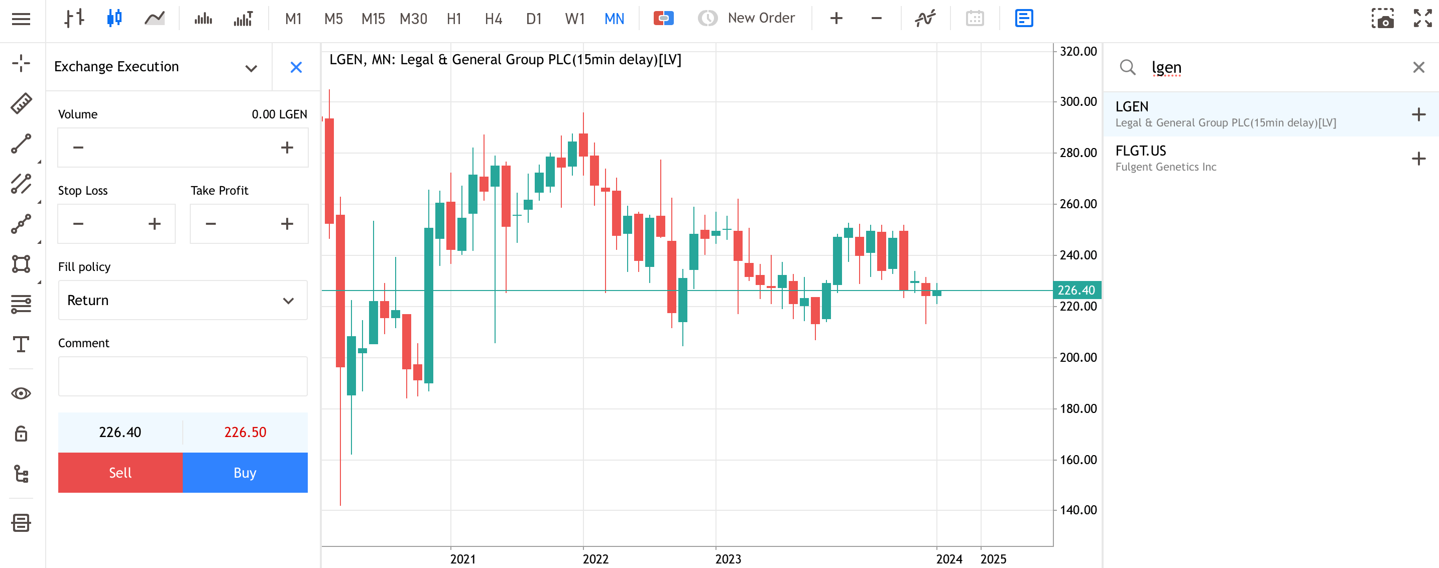 A new order window for buying Legal and General shares in MetaTrader WebTrader.