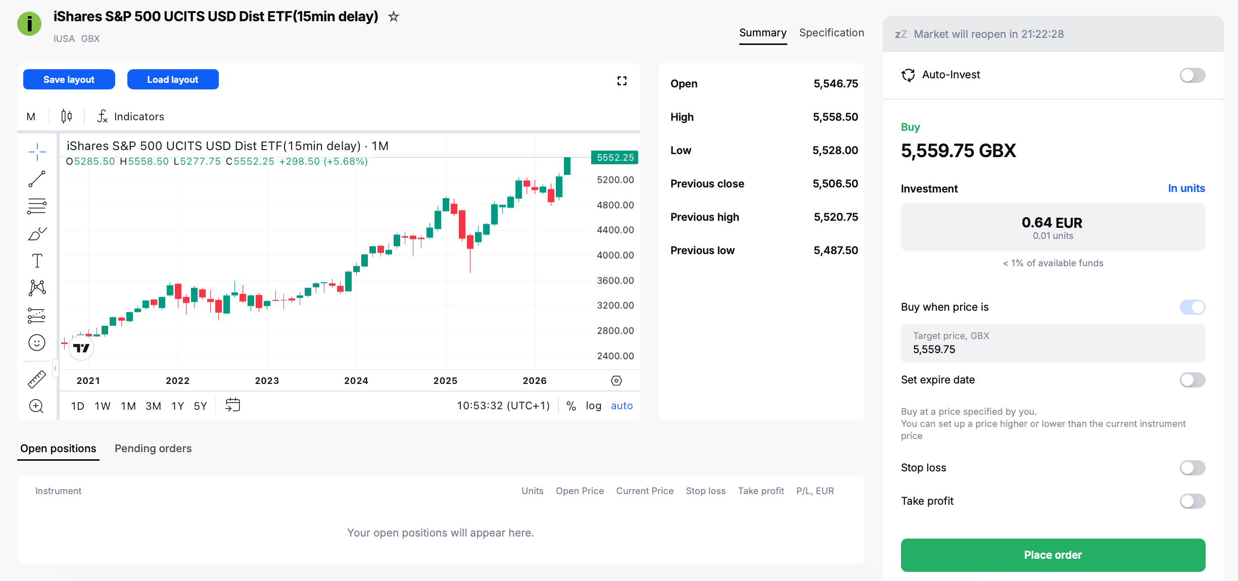 Instrument page for iShared S&P 500 UCITS ETF in the Admirals Platform.